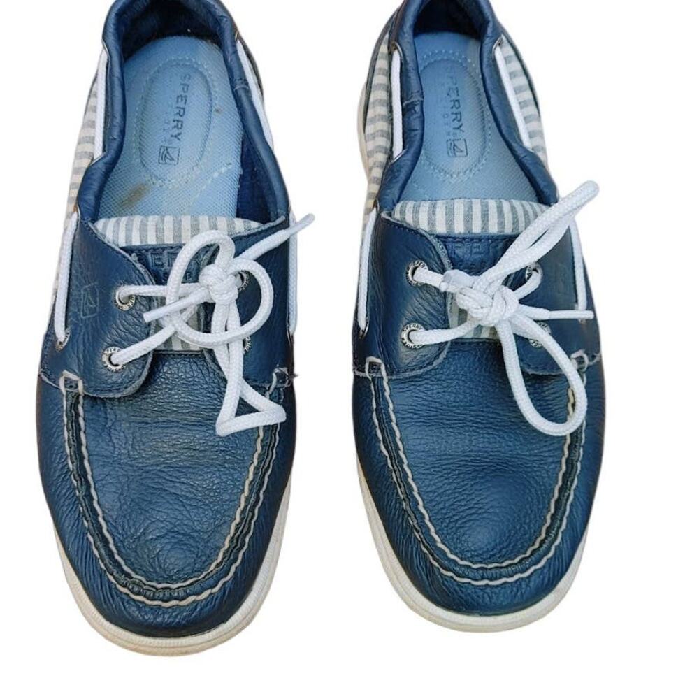 Sperry Leather Slip On Lace Boat Shoes Sz 7 Starfish Nautical Blue White
